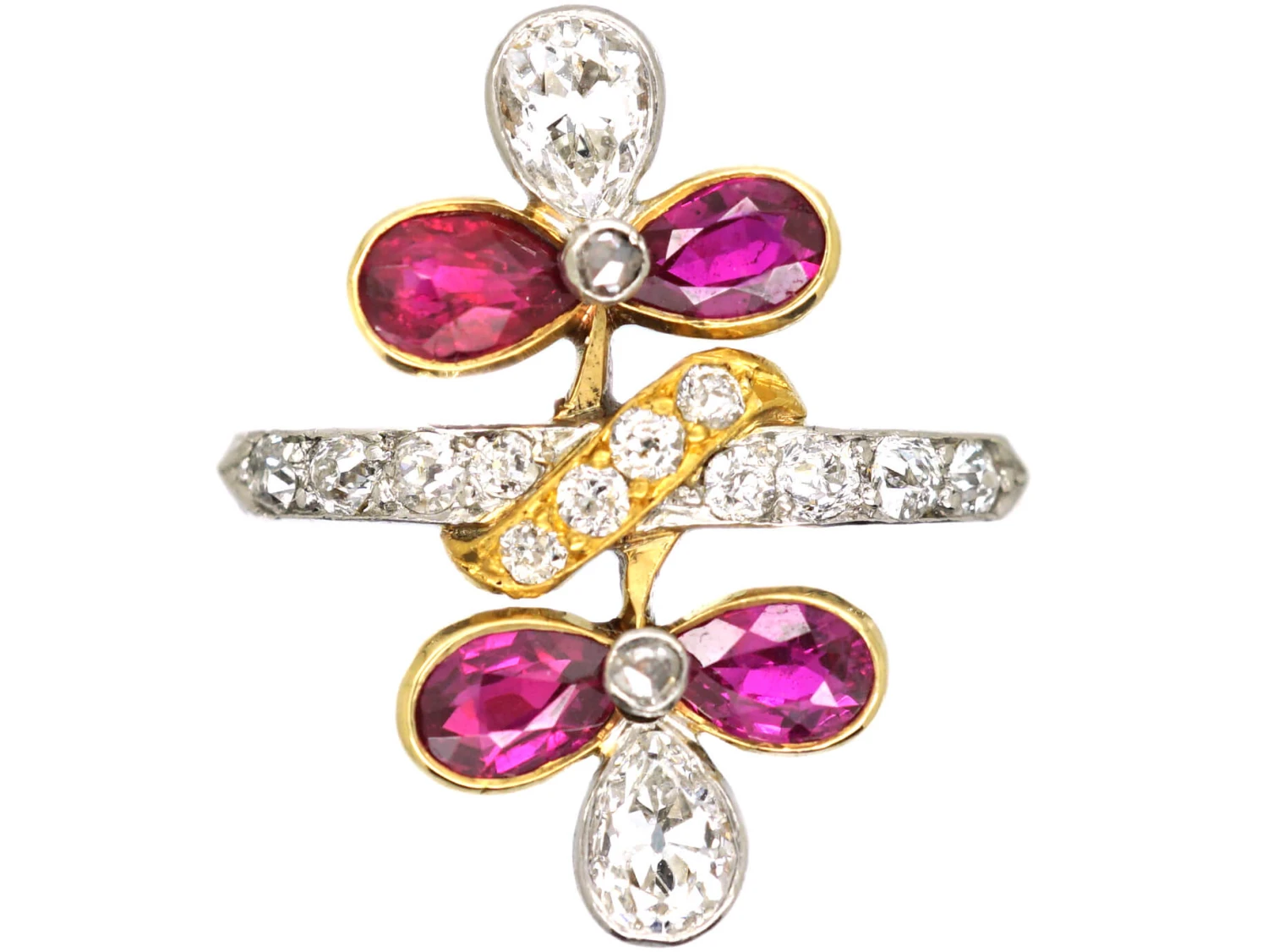 French Import 18ct Gold & Platinum, Art Nouveau Double Flower Ring Set With Rubies & Diamonds 3 French Import 18ct Gold & Platinum, Art Nouveau Double Flower Ring Set With Rubies & Diamonds