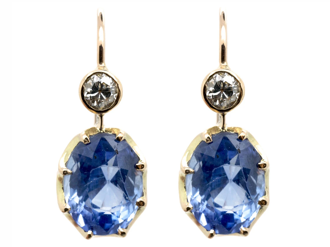 Edwardian 18ct Gold Ceylon Sapphire & Diamond Earrings 3 Edwardian 18ct Gold Ceylon Sapphire & Diamond Earrings