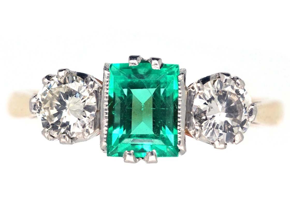 Art Deco Emerald & Diamond Three Stone Ring 3 Art Deco Emerald & Diamond Three Stone Ring