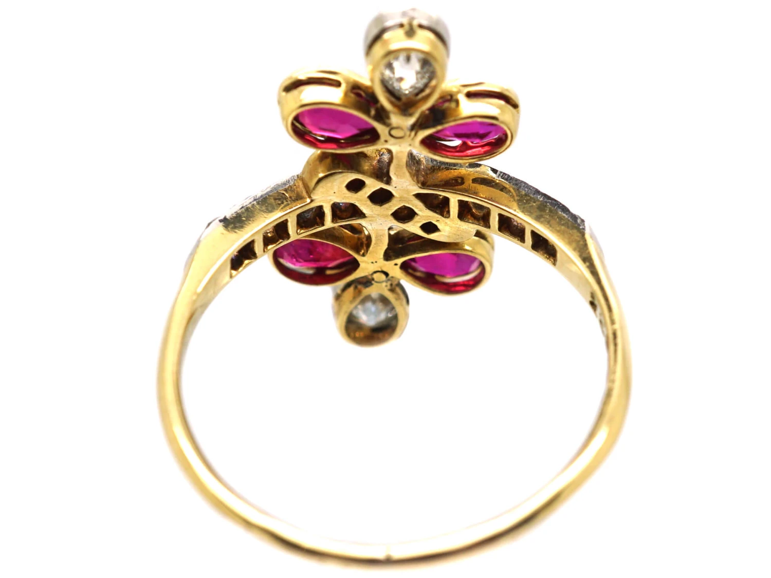 French Import 18ct Gold & Platinum, Art Nouveau Double Flower Ring Set With Rubies & Diamonds 5 French Import 18ct Gold & Platinum, Art Nouveau Double Flower Ring Set With Rubies & Diamonds - Image 3