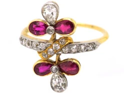French Import 18ct Gold & Platinum, Art Nouveau Double Flower Ring Set With Rubies & Diamonds 13 French Import 18ct Gold & Platinum, Art Nouveau Double Flower Ring Set With Rubies & Diamonds -Antique Jewellery Company DSC02720