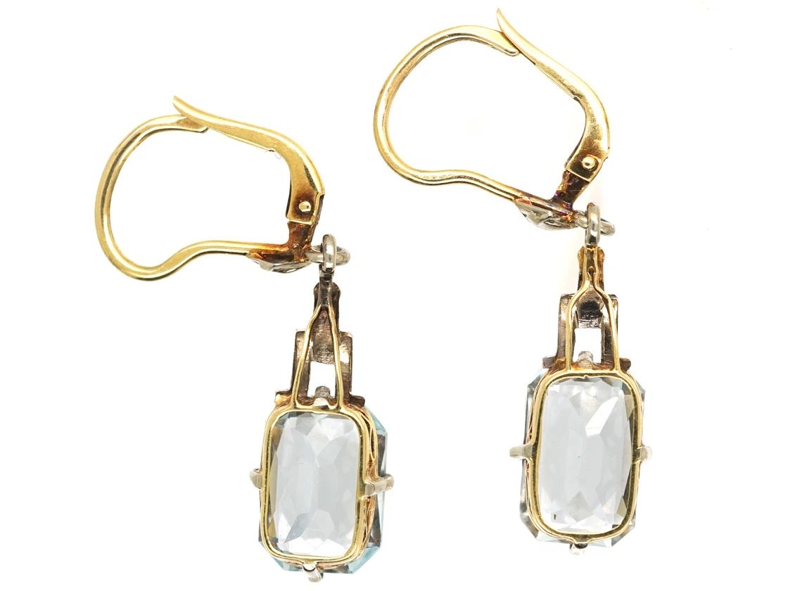 Art Deco 14ct White & Yellow Gold Drop Earrings Set With Aquamarines 6 Art Deco 14ct White & Yellow Gold Drop Earrings Set With Aquamarines - Image 4