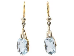 Art Deco 14ct White & Yellow Gold Drop Earrings Set With Aquamarines
