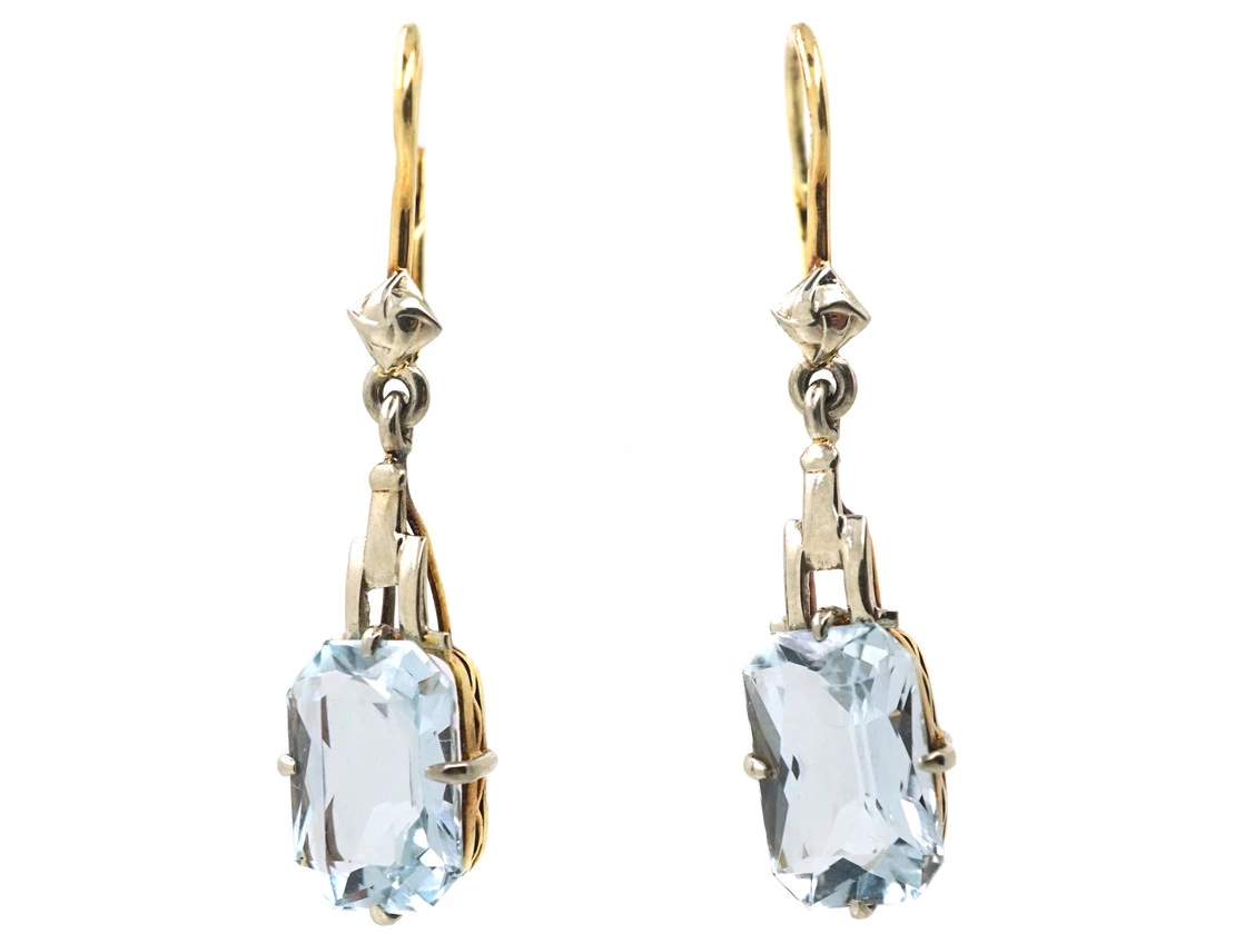 Art Deco 14ct White & Yellow Gold Drop Earrings Set With Aquamarines 3 Art Deco 14ct White & Yellow Gold Drop Earrings Set With Aquamarines