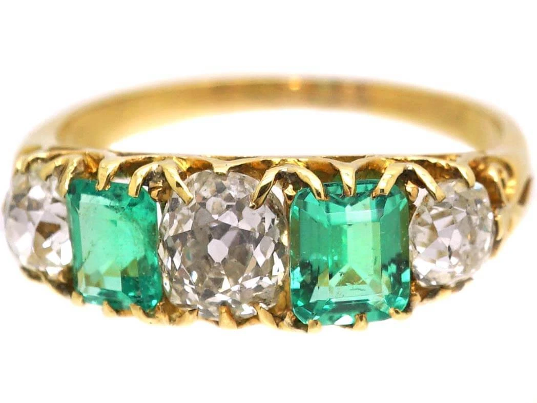 Victorian 18ct Gold, Emerald And Diamond Five Stone Ring 8 Victorian 18ct Gold, Emerald And Diamond Five Stone Ring - Image 6