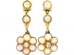 Edwardian 9ct Gold Cluster Drop Earrings Set With Opals & Diamonds