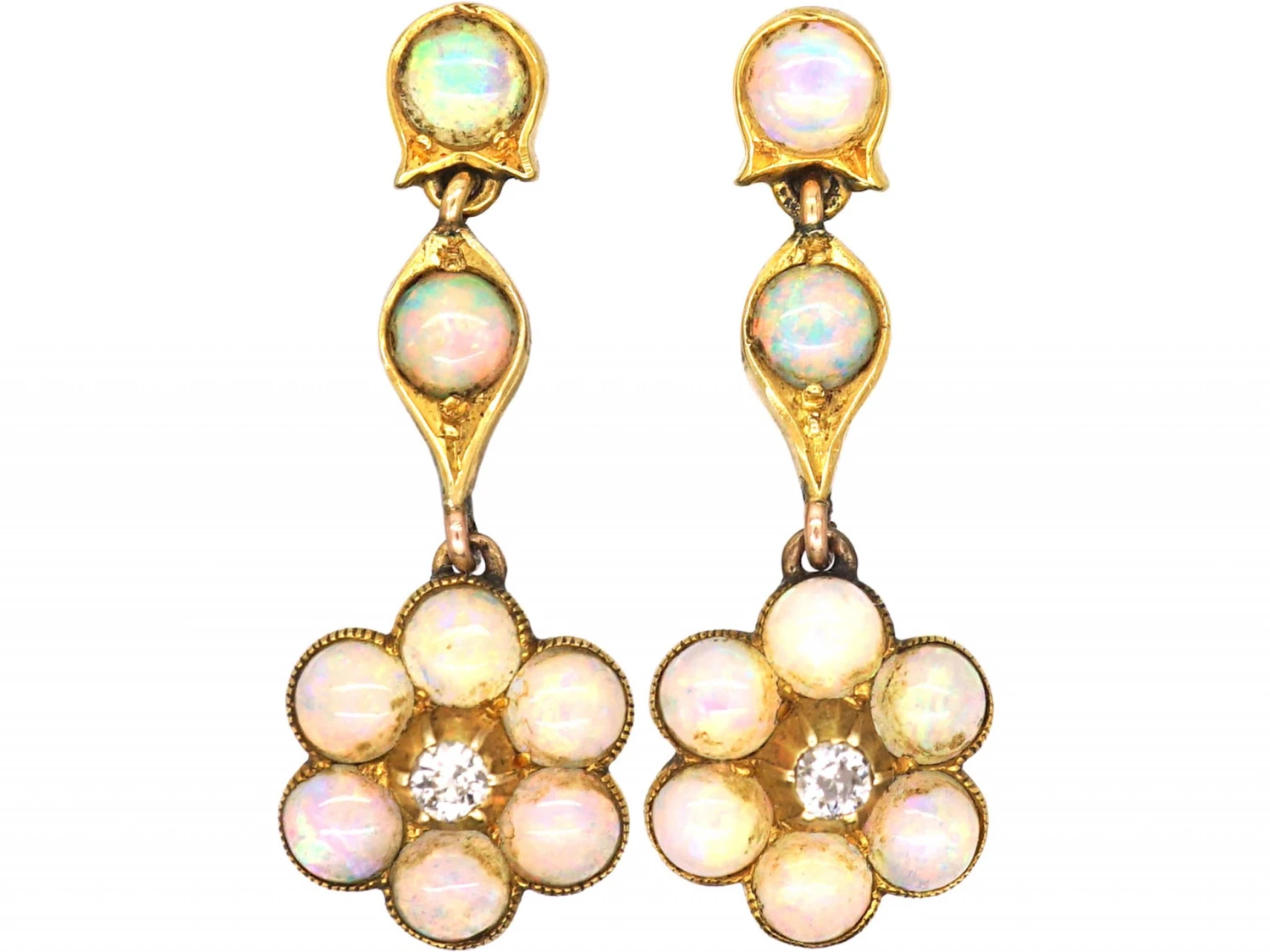 Edwardian 9ct Gold Cluster Drop Earrings Set With Opals & Diamonds 3 Edwardian 9ct Gold Cluster Drop Earrings Set With Opals & Diamonds
