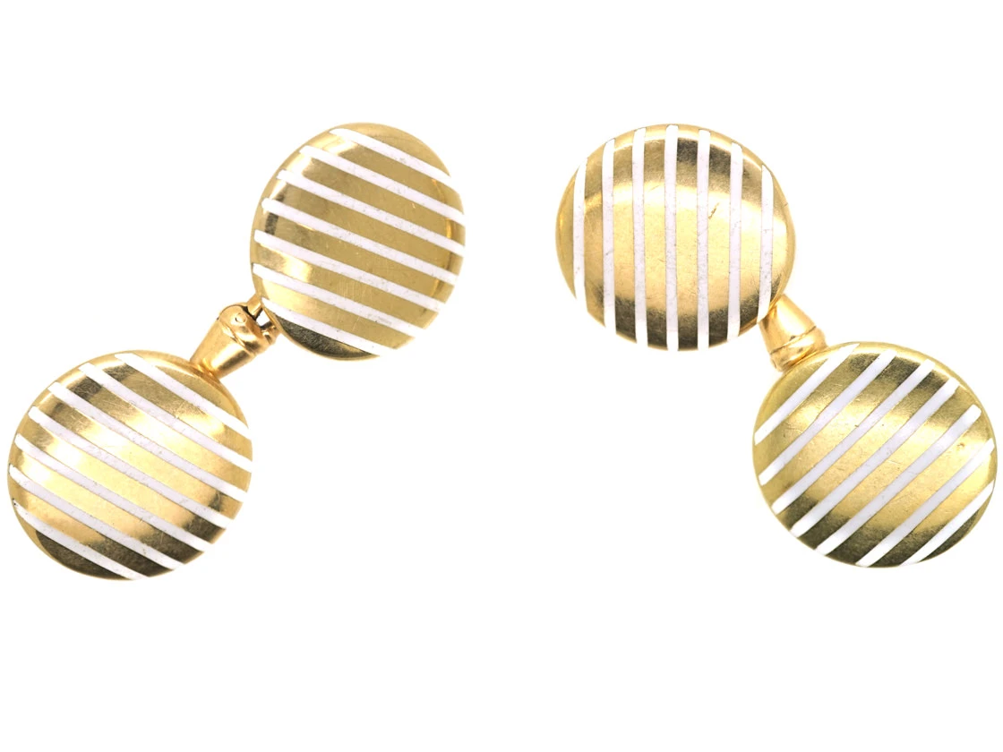 Art Deco 18ct Gold & White Enamel Stripe Cufflinks 3 Art Deco 18ct Gold & White Enamel Stripe Cufflinks