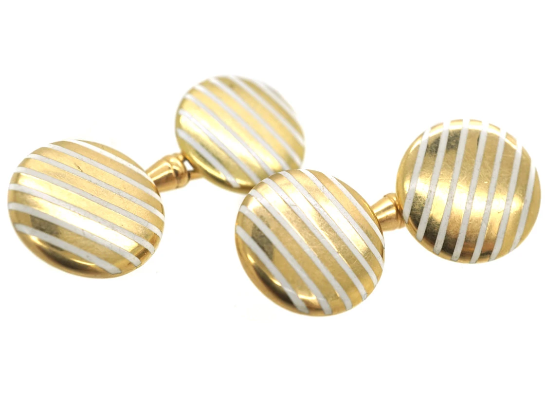 Art Deco 18ct Gold & White Enamel Stripe Cufflinks 4 Art Deco 18ct Gold & White Enamel Stripe Cufflinks - Image 2