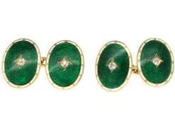 Edwardian 18ct Gold, Green & White Enamel Oval Cufflinks Set With Diamonds