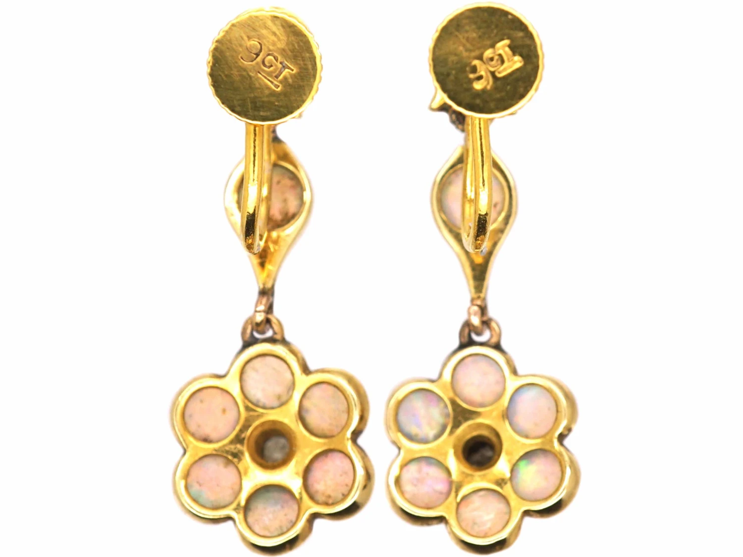 Edwardian 9ct Gold Cluster Drop Earrings Set With Opals & Diamonds 4 Edwardian 9ct Gold Cluster Drop Earrings Set With Opals & Diamonds - Image 2