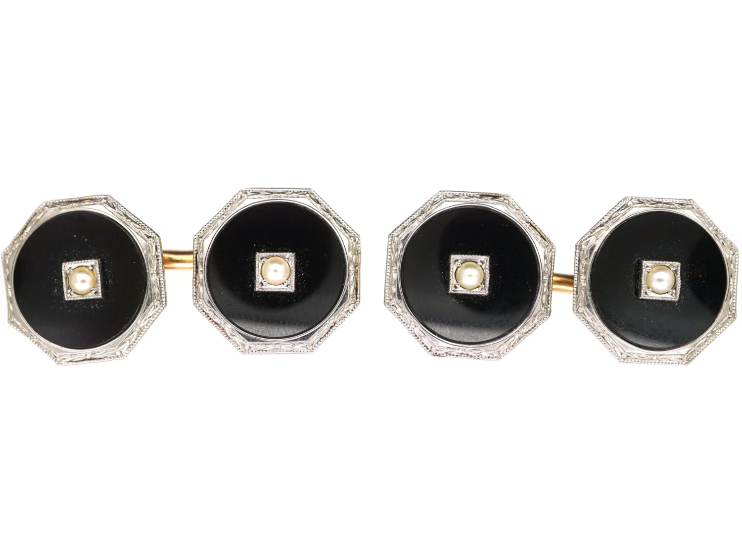 Art Deco 14ct Gold, Onyx & Natural Split Pearl Octagonal Cufflinks 3 Art Deco 14ct Gold, Onyx & Natural Split Pearl Octagonal Cufflinks