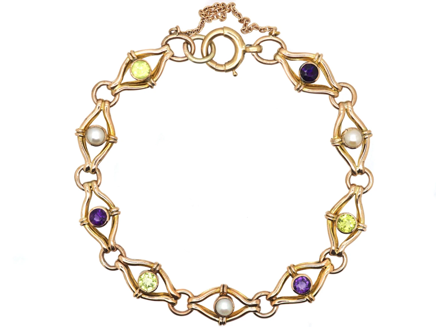 Edwardian 9ct Gold Suffragette Bracelet Set With Peridots, Pearls And Amethysts 3 Edwardian 9ct Gold Suffragette Bracelet Set With Peridots, Pearls And Amethysts
