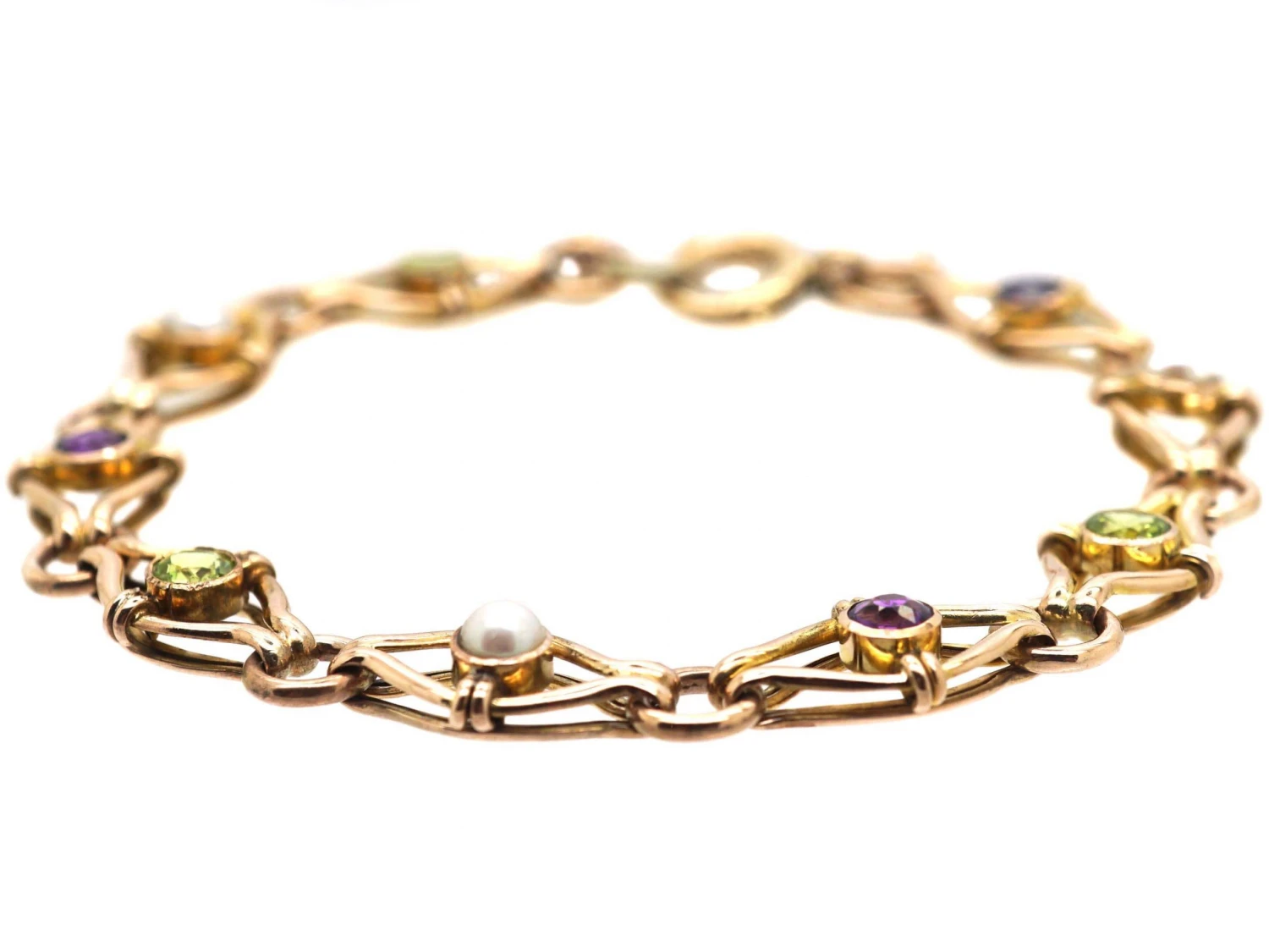 Edwardian 9ct Gold Suffragette Bracelet Set With Peridots, Pearls And Amethysts 4 Edwardian 9ct Gold Suffragette Bracelet Set With Peridots, Pearls And Amethysts - Image 2