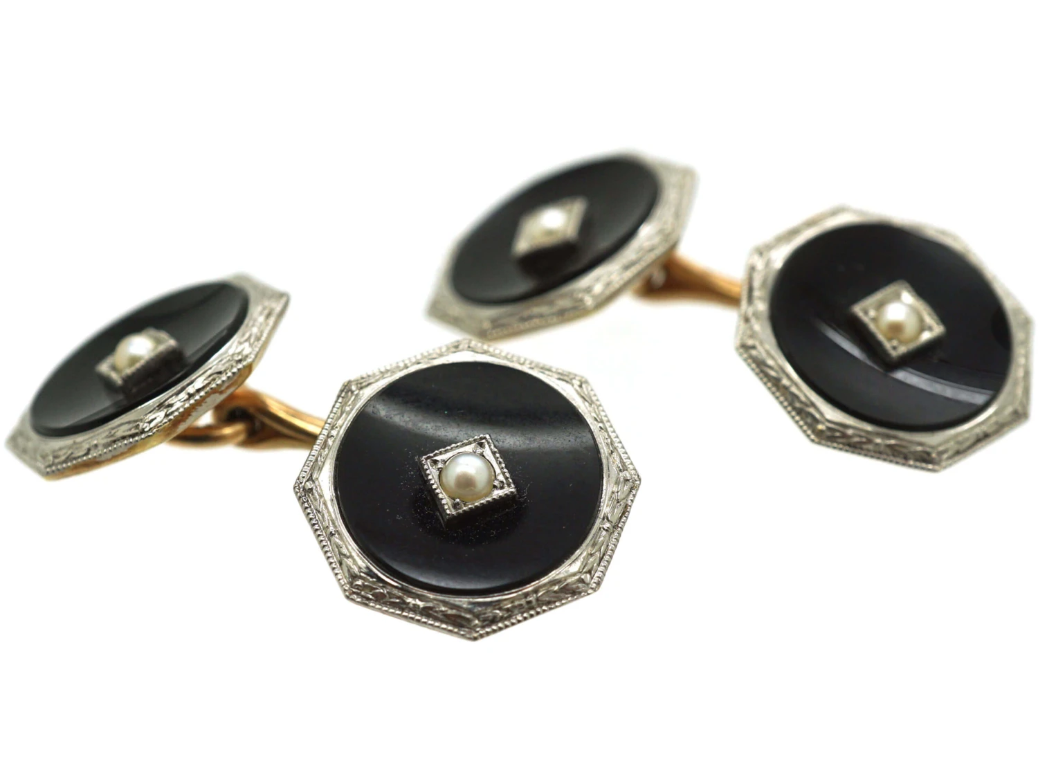 Art Deco 14ct Gold, Onyx & Natural Split Pearl Octagonal Cufflinks 4 Art Deco 14ct Gold, Onyx & Natural Split Pearl Octagonal Cufflinks - Image 2