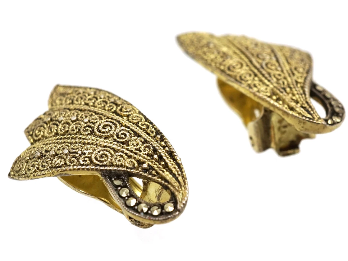 Theodor Fahrner Silver Gilt & Marcasite Clip On Earrings 4 Theodor Fahrner Silver Gilt & Marcasite Clip On Earrings - Image 2