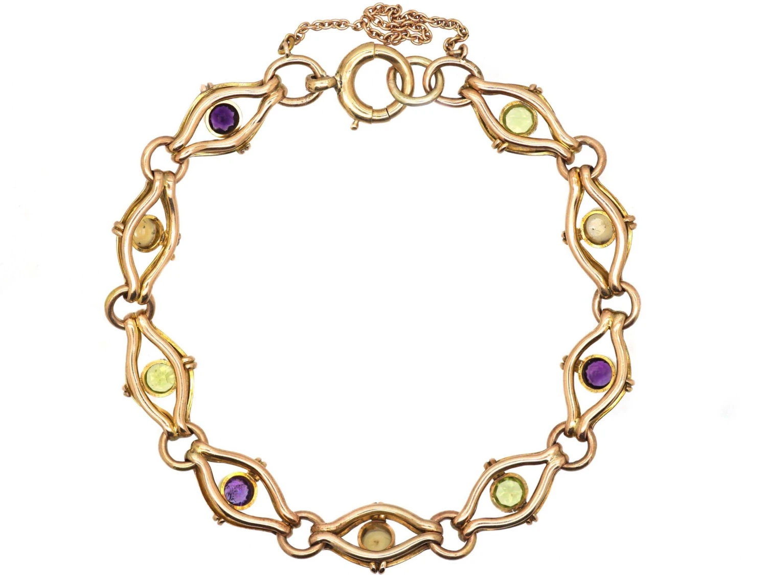 Edwardian 9ct Gold Suffragette Bracelet Set With Peridots, Pearls And Amethysts 5 Edwardian 9ct Gold Suffragette Bracelet Set With Peridots, Pearls And Amethysts - Image 3