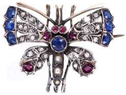 Edwardian Butterfly Brooch Set With Sapphires, Rubies, Diamonds & Natural Split Pearls
