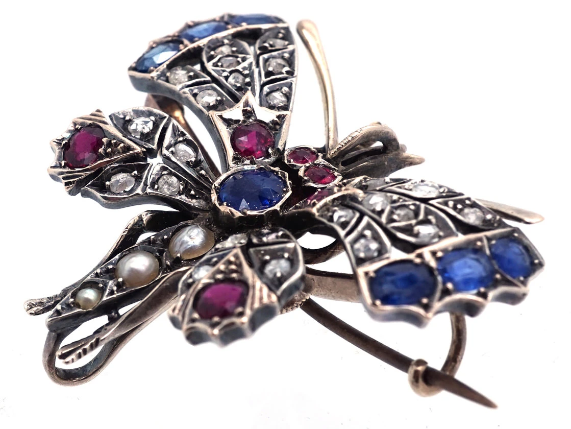 Edwardian Butterfly Brooch Set With Sapphires, Rubies, Diamonds & Natural Split Pearls 4 Edwardian Butterfly Brooch Set With Sapphires, Rubies, Diamonds & Natural Split Pearls - Image 2