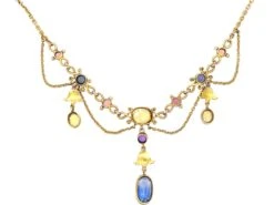 Edwardian 18ct Gold Festoon Necklace Set With Various Coloured Gemstones -Antique Jewellery Company DSC02890 1 scaled 1