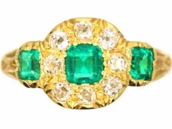 Victorian 18ct Gold, Emerald & Diamond Cluster Ring With An Emerald On Each Side