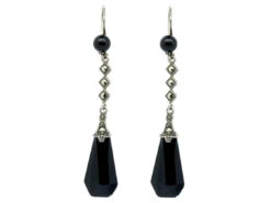 Art Deco Silver, Black Glass & Marcasite Drop Earrings