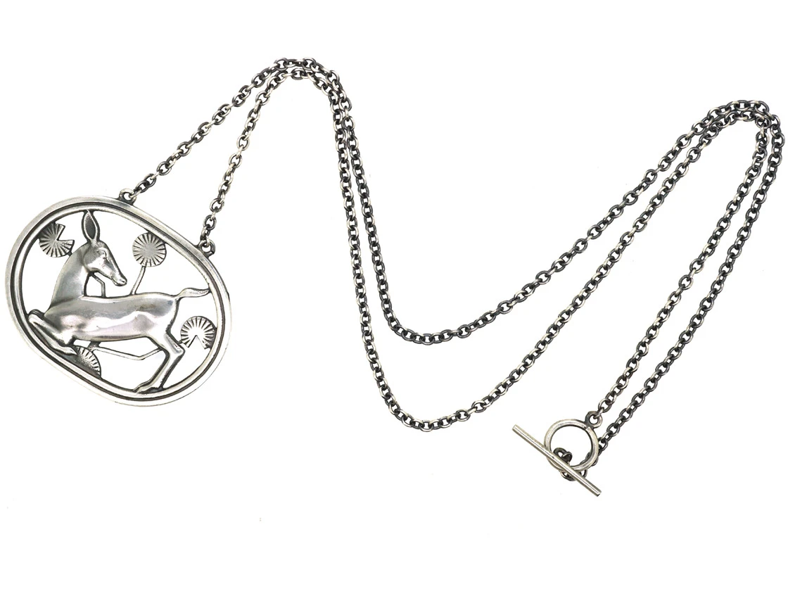 Silver Pendant Of Kneeling Fawn On Silver Chain By Arno Malinowski For Georg Jensen 3 Silver Pendant Of Kneeling Fawn On Silver Chain By Arno Malinowski For Georg Jensen