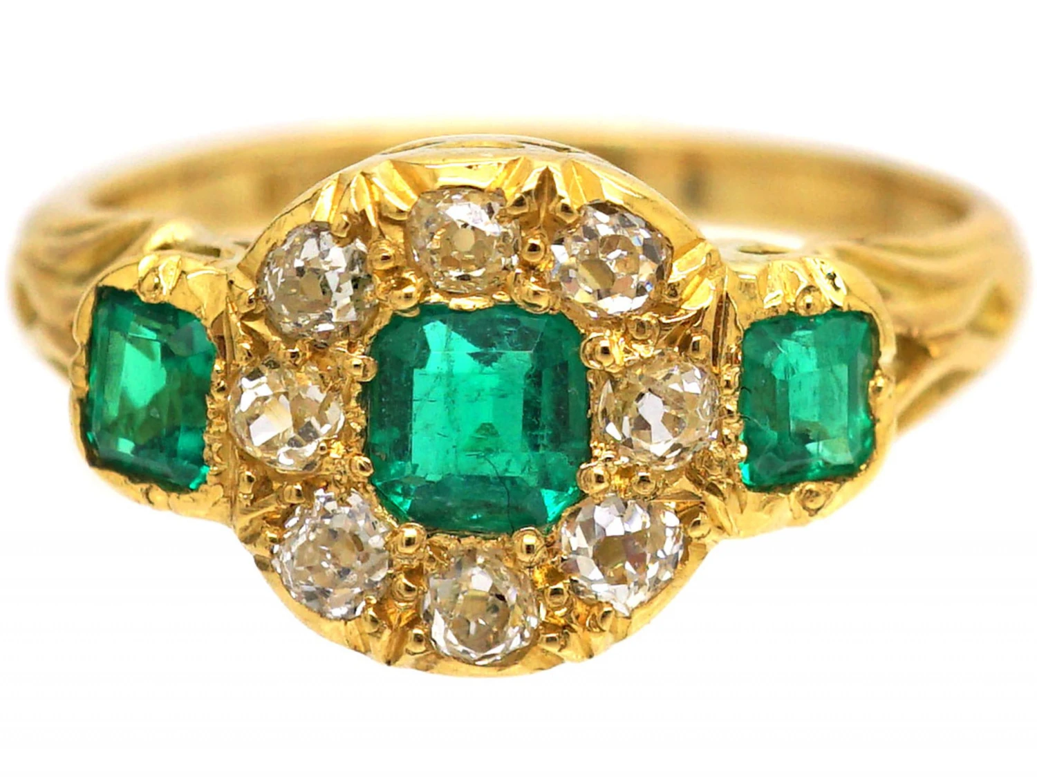 Victorian 18ct Gold, Emerald & Diamond Cluster Ring With An Emerald On Each Side 9 Victorian 18ct Gold, Emerald & Diamond Cluster Ring With An Emerald On Each Side - Image 7