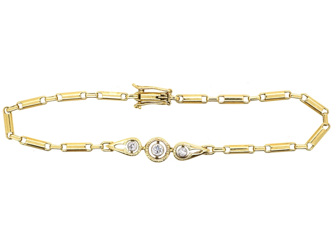 Art Deco 14ct Gold Bracelet Set With Three Diamonds 3 Art Deco 14ct Gold Bracelet Set With Three Diamonds