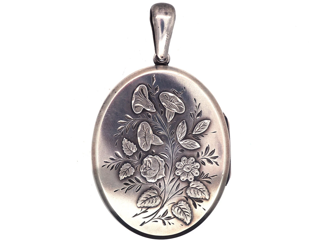 Victorian Silver Oval Locket With Bouquet Of Flowers Design 3 Victorian Silver Oval Locket With Bouquet Of Flowers Design