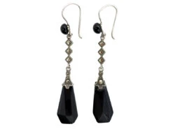 Art Deco Silver, Black Glass & Marcasite Drop Earrings -Antique Jewellery Company DSC02940