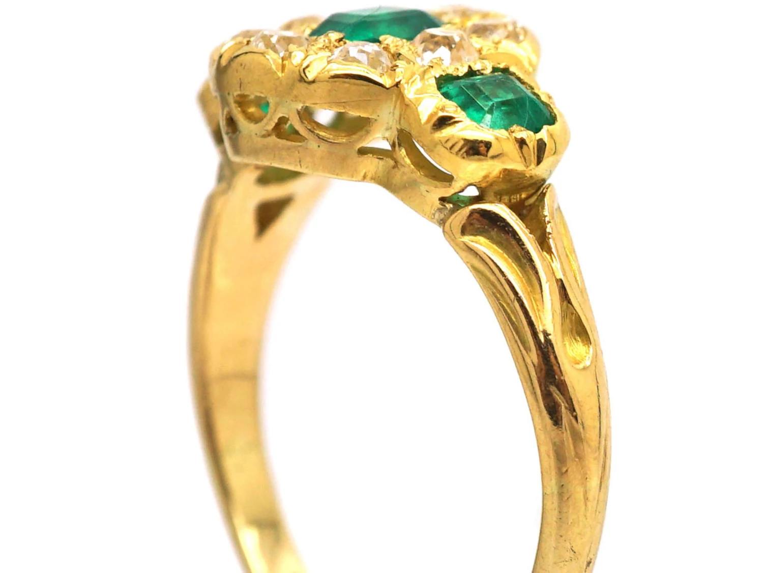 Victorian 18ct Gold, Emerald & Diamond Cluster Ring With An Emerald On Each Side 4 Victorian 18ct Gold, Emerald & Diamond Cluster Ring With An Emerald On Each Side - Image 2