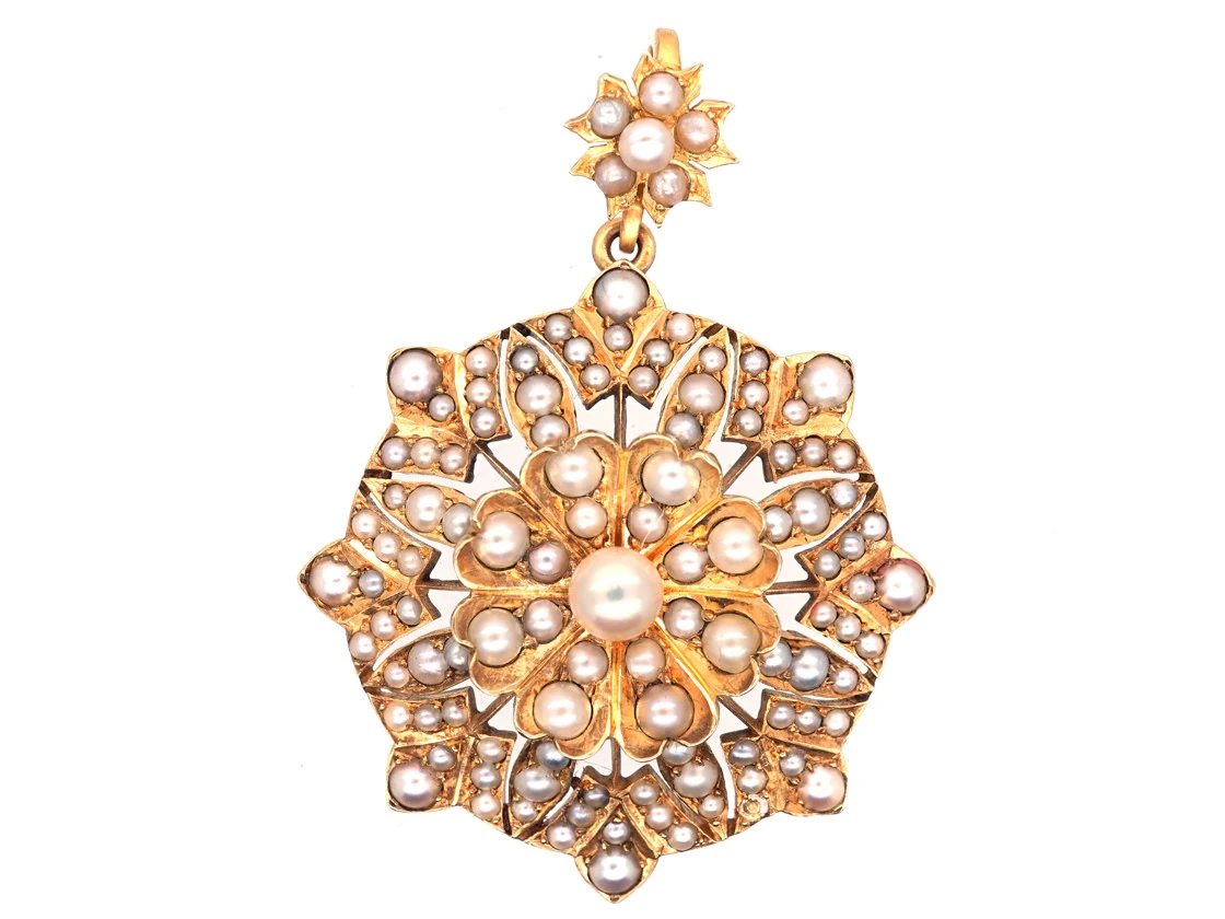 Victorian 18ct Gold & Natural Pearl Flower Pendant 3 Victorian 18ct Gold & Natural Pearl Flower Pendant