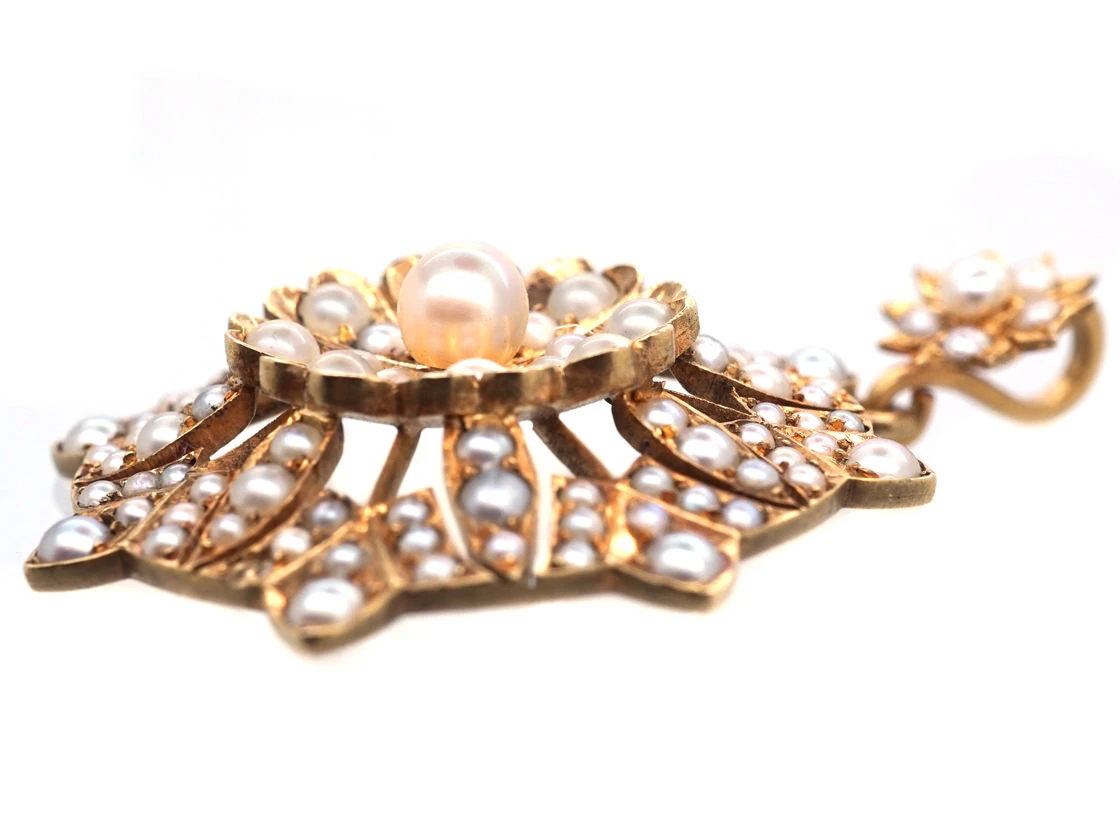 Victorian 18ct Gold & Natural Pearl Flower Pendant 4 Victorian 18ct Gold & Natural Pearl Flower Pendant - Image 2