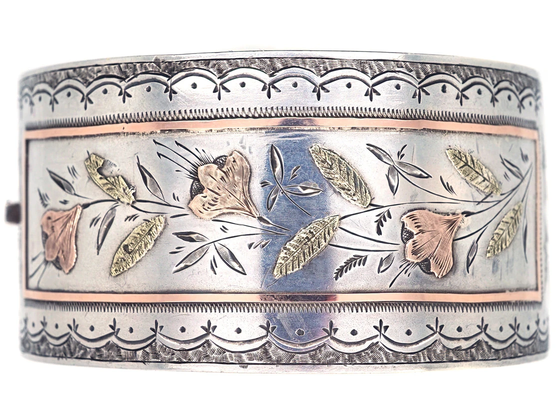 Victorian Wide Silver & Gold Overlay Bangle 3 Victorian Wide Silver & Gold Overlay Bangle