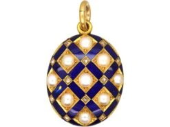 Victorian 18ct Gold & Blue Enamel Oval Locket Set With Rose Diamonds & Natural Split Pearls