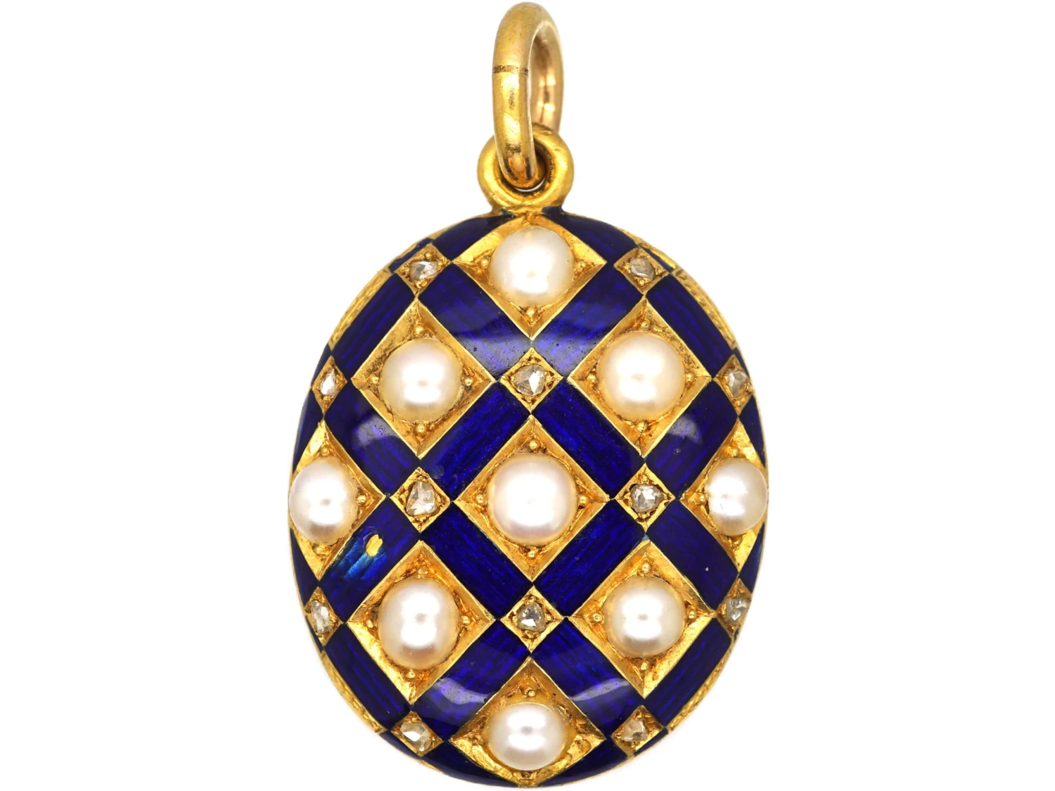 Victorian 18ct Gold & Blue Enamel Oval Locket Set With Rose Diamonds & Natural Split Pearls 3 Victorian 18ct Gold & Blue Enamel Oval Locket Set With Rose Diamonds & Natural Split Pearls