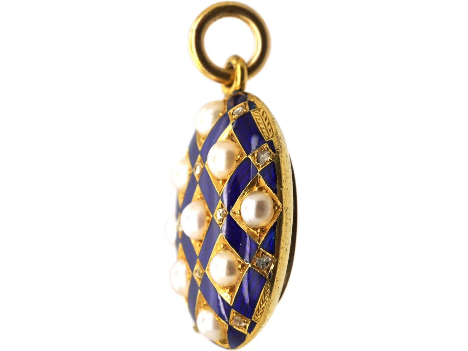 Victorian 18ct Gold & Blue Enamel Oval Locket Set With Rose Diamonds & Natural Split Pearls 4 Victorian 18ct Gold & Blue Enamel Oval Locket Set With Rose Diamonds & Natural Split Pearls - Image 2