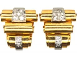 Retro 18ct Gold & Platinum Scroll Design Earrings Set With Diamonds