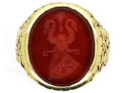 14ct Gold Signet Ring With Carnelian Intaglio Of Two Swans & A Bear