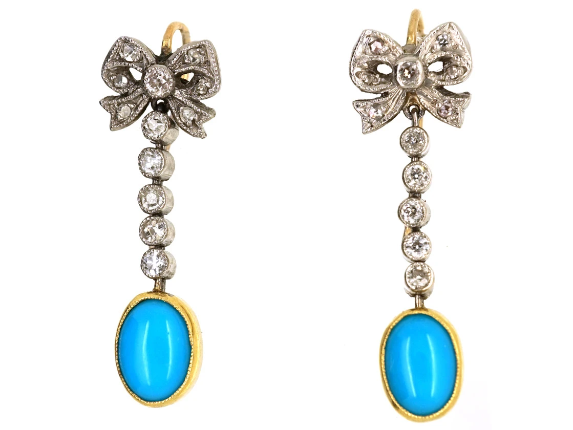 Edwardian Turquoise & Diamond Drop Earrings With Bow Tops 3 Edwardian Turquoise & Diamond Drop Earrings With Bow Tops