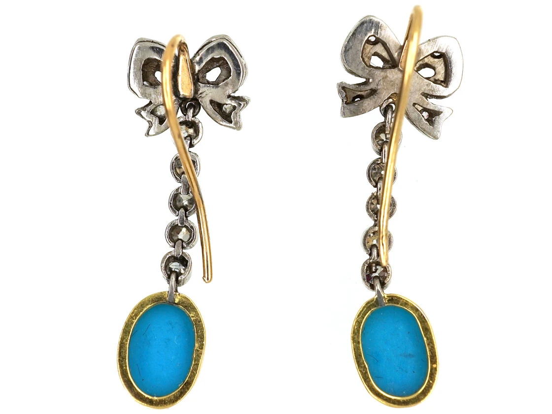 Edwardian Turquoise & Diamond Drop Earrings With Bow Tops 6 Edwardian Turquoise & Diamond Drop Earrings With Bow Tops - Image 4