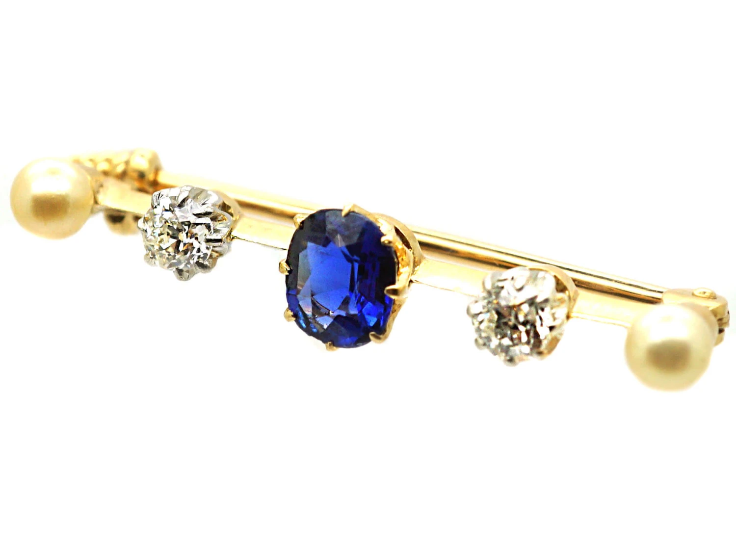 Edwardian 18ct Gold Bar Brooch Set With A Sapphire, Diamonds & Natural Pearls 5 Edwardian 18ct Gold Bar Brooch Set With A Sapphire, Diamonds & Natural Pearls - Image 3