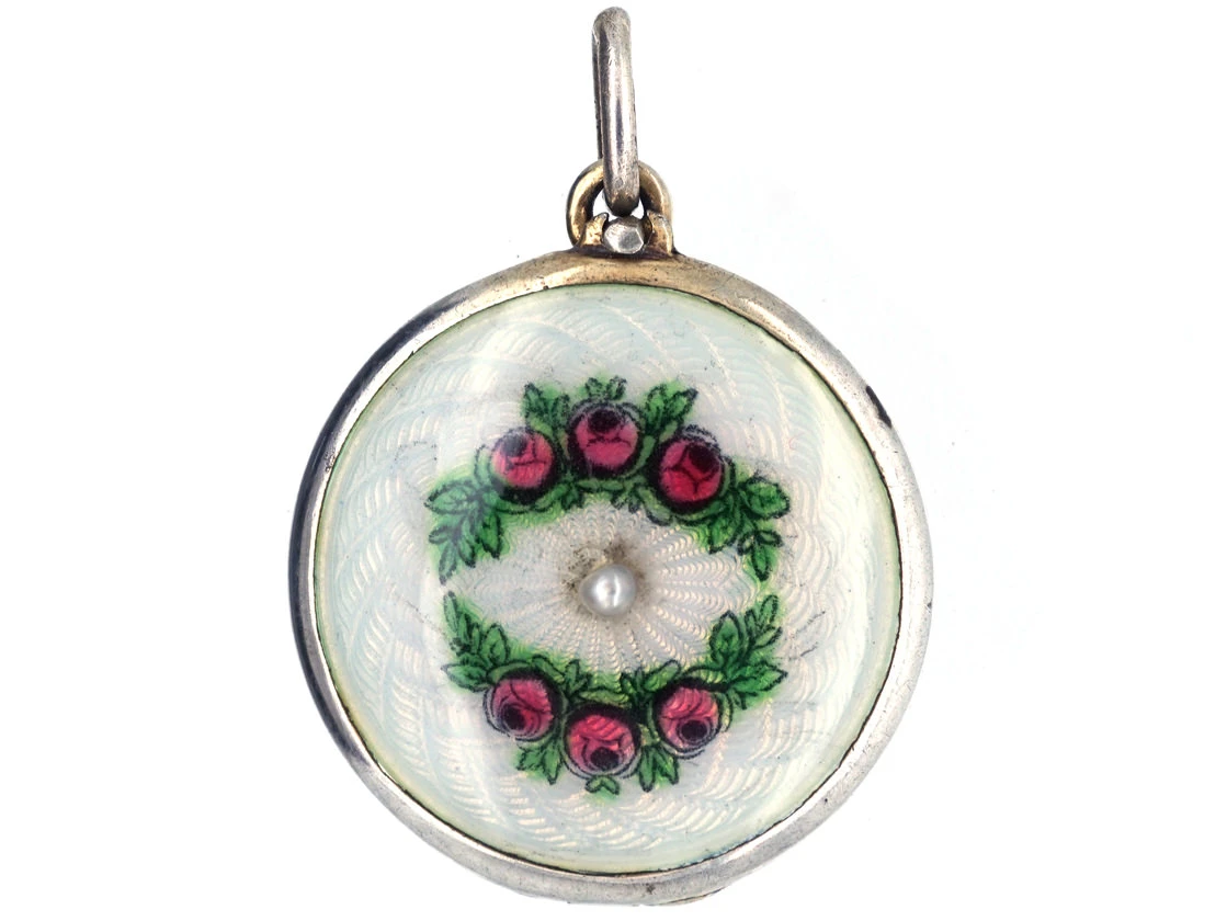 Edwardian Round Silver & Enamel Roses Locket 3 Edwardian Round Silver & Enamel Roses Locket