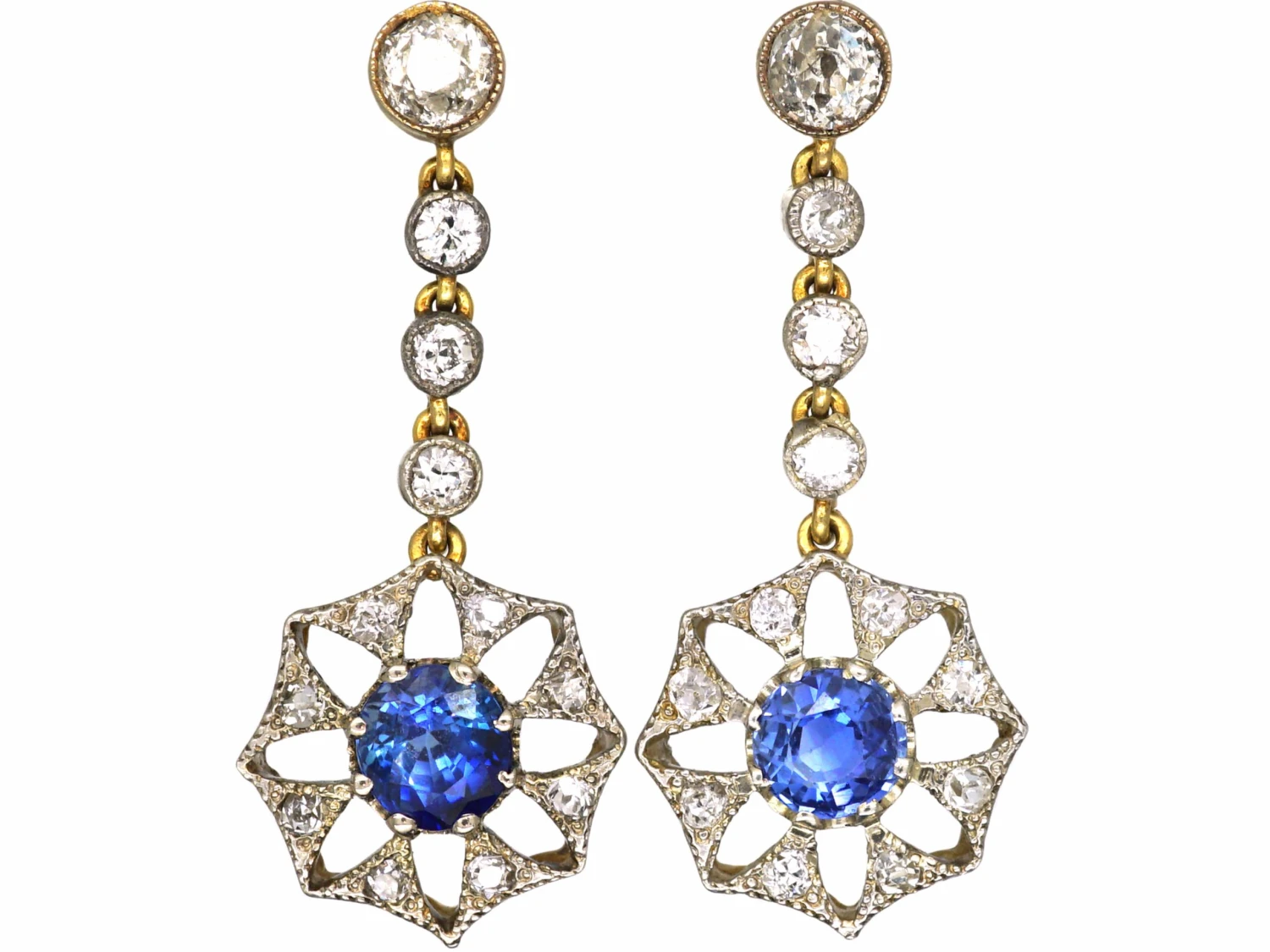 Edwardian 15ct Gold & Platinum, Sapphire & Diamond Star Motif Drop Earrings 3 Edwardian 15ct Gold & Platinum, Sapphire & Diamond Star Motif Drop Earrings
