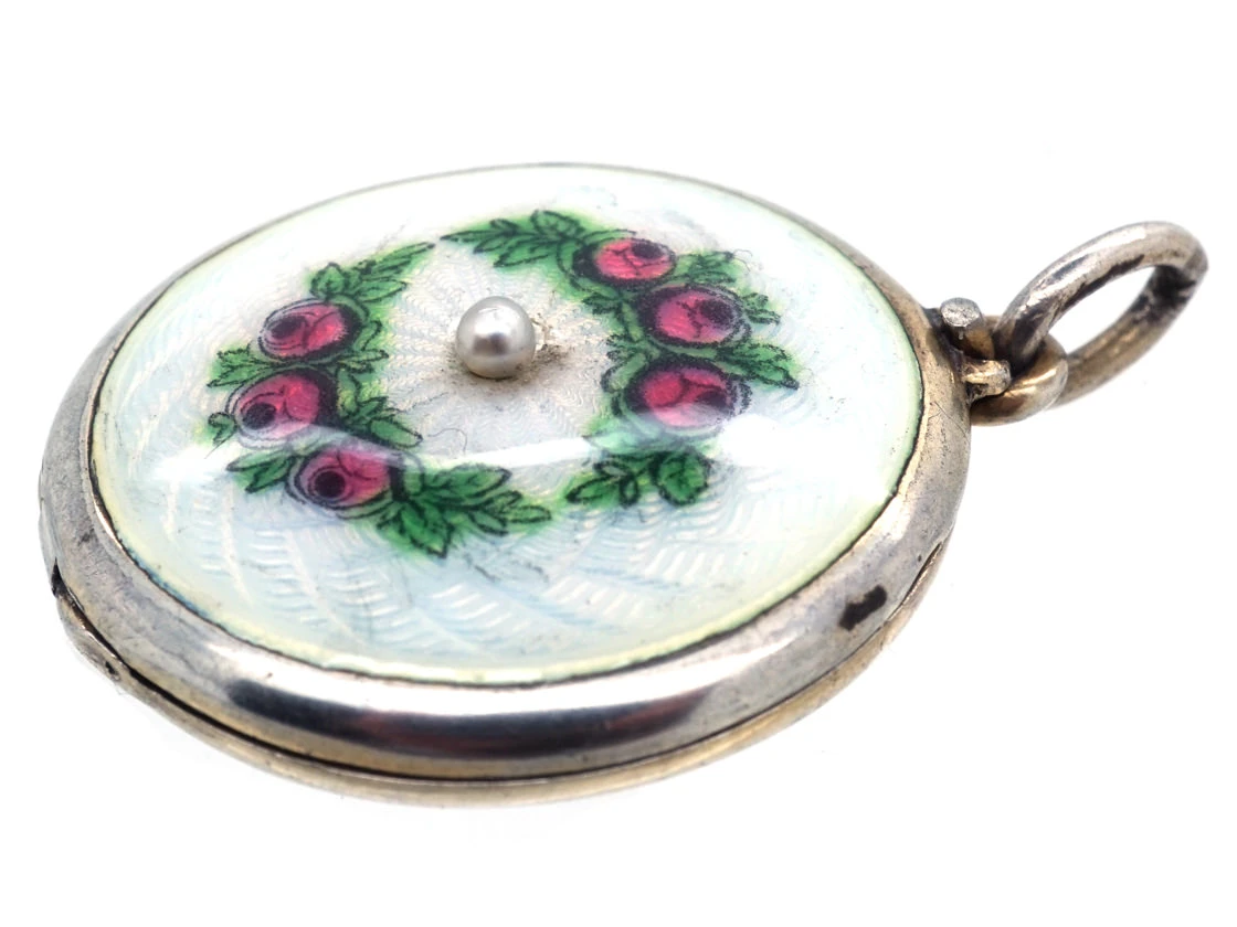 Edwardian Round Silver & Enamel Roses Locket 5 Edwardian Round Silver & Enamel Roses Locket - Image 3