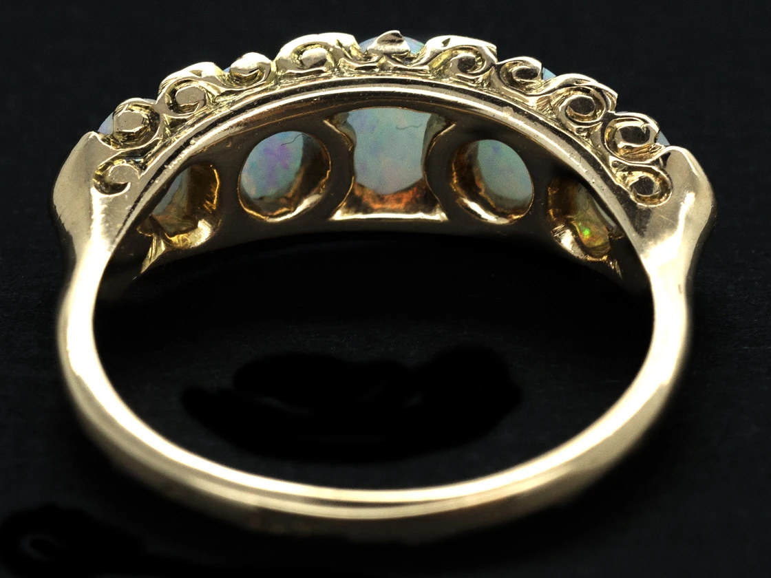 Victorian 18ct Gold Opal & Diamond Five Stone Carved Hoop Ring 4 Victorian 18ct Gold Opal & Diamond Five Stone Carved Hoop Ring - Image 2