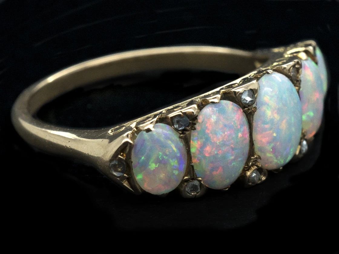 Victorian 18ct Gold Opal & Diamond Five Stone Carved Hoop Ring 6 Victorian 18ct Gold Opal & Diamond Five Stone Carved Hoop Ring - Image 4