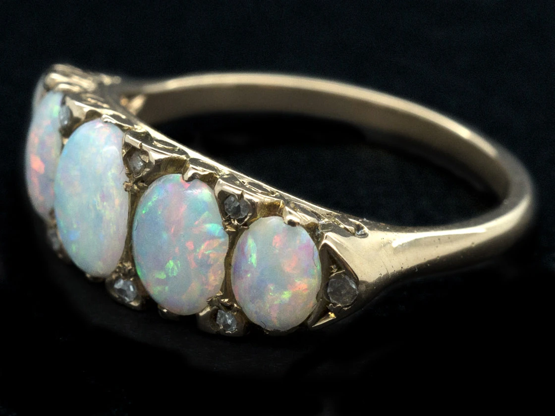Victorian 18ct Gold Opal & Diamond Five Stone Carved Hoop Ring 7 Victorian 18ct Gold Opal & Diamond Five Stone Carved Hoop Ring - Image 5