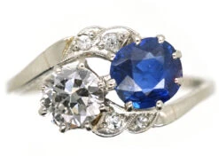 Art Deco 18ct White Gold, Sapphire & Diamond Crossover Ring